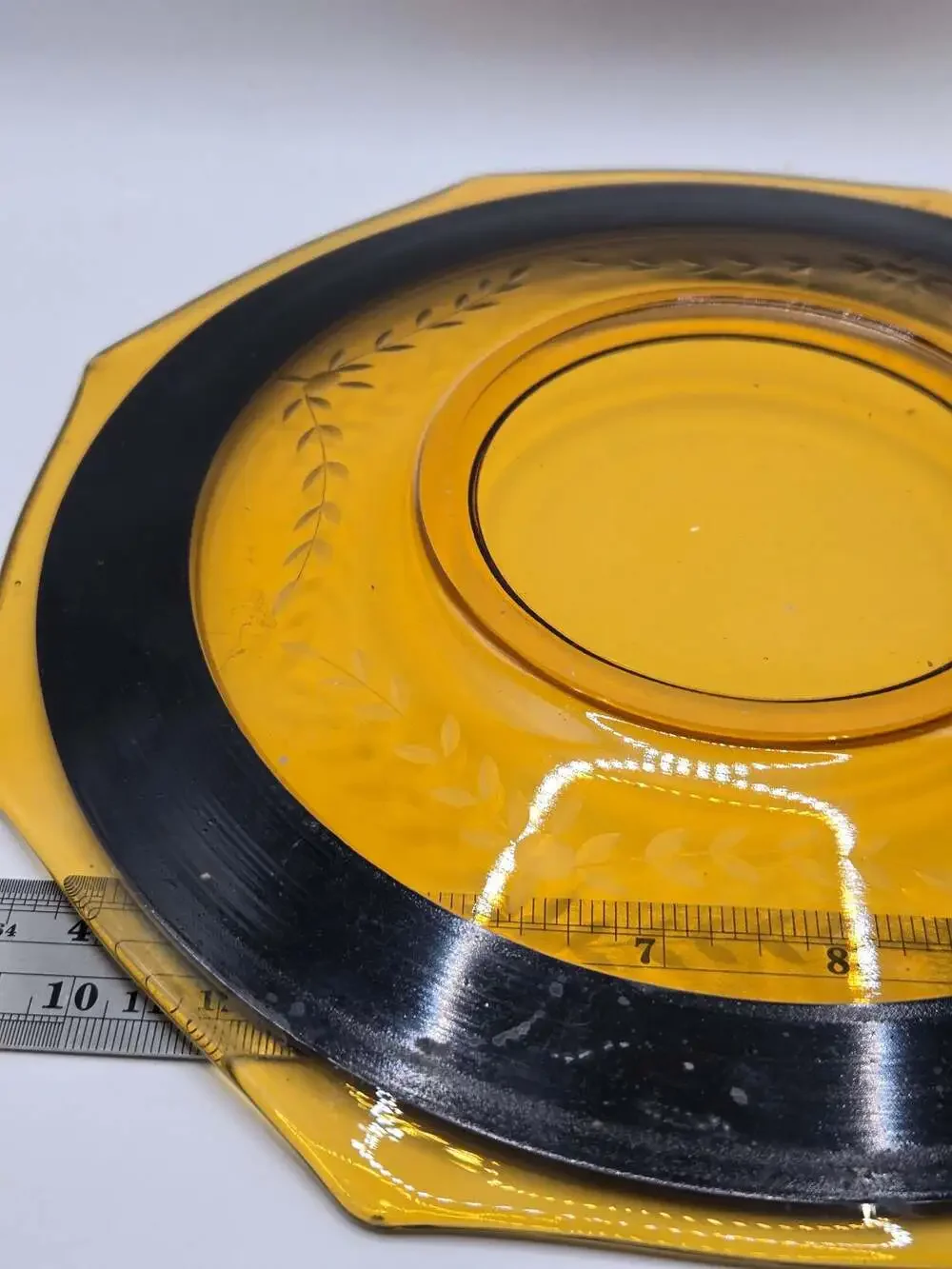 Vintage Amber Glass Plate with Black Rim and Etched Wheat Pattern